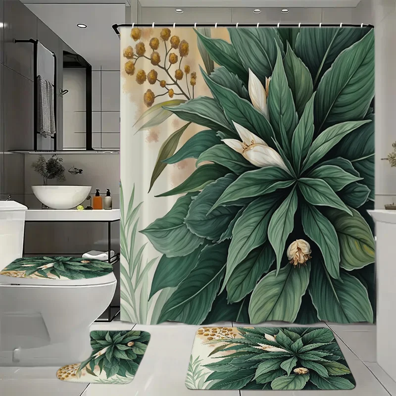 

Набор для ванной комнаты из 4 предметов с занавеской для душа, 12 крючков, напольным ковриком, крышкой для унитаза и декоративными аксессуарами с тропическим флором