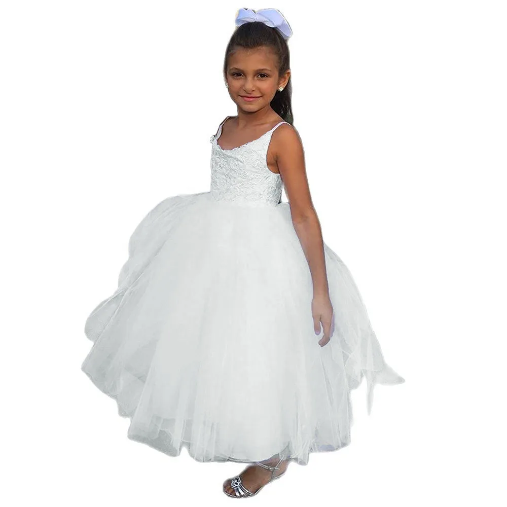 

Flower Girl Dress Elegant Lace Tulle Skirt Lined Covered With Appliques Fit Wedding Party Birthday First Communion Gowns