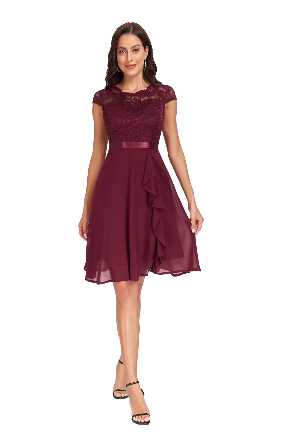 

Elegant Round Neck Lace Chiffon Rufffles Knee Length Dress