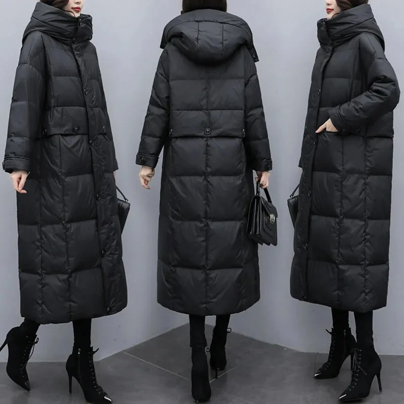 

2023 New Korean Women's Cotton Long Coat Winter Jacket Female Puffer Thick Warm Parkas Black Hooded Outwear Large Size Overcoat