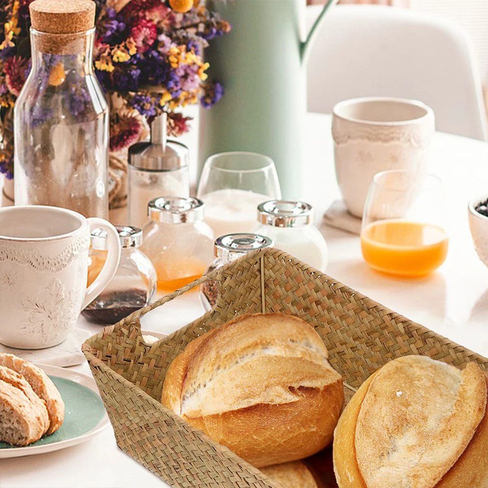 

Bread Basket Straw Woven Container Multi function Jewelry Tray Household Fruit Tabletop Storage Retro Snack Sturdy Kitchen Use