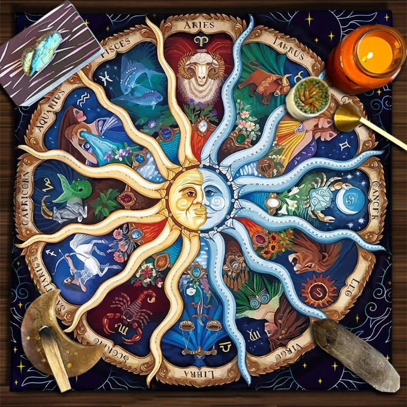 Zodiac Sun Moon Floral Black White Cat Tarot Cloth Divination Mat Witchcraft Wiccan Altar Cloth Decor