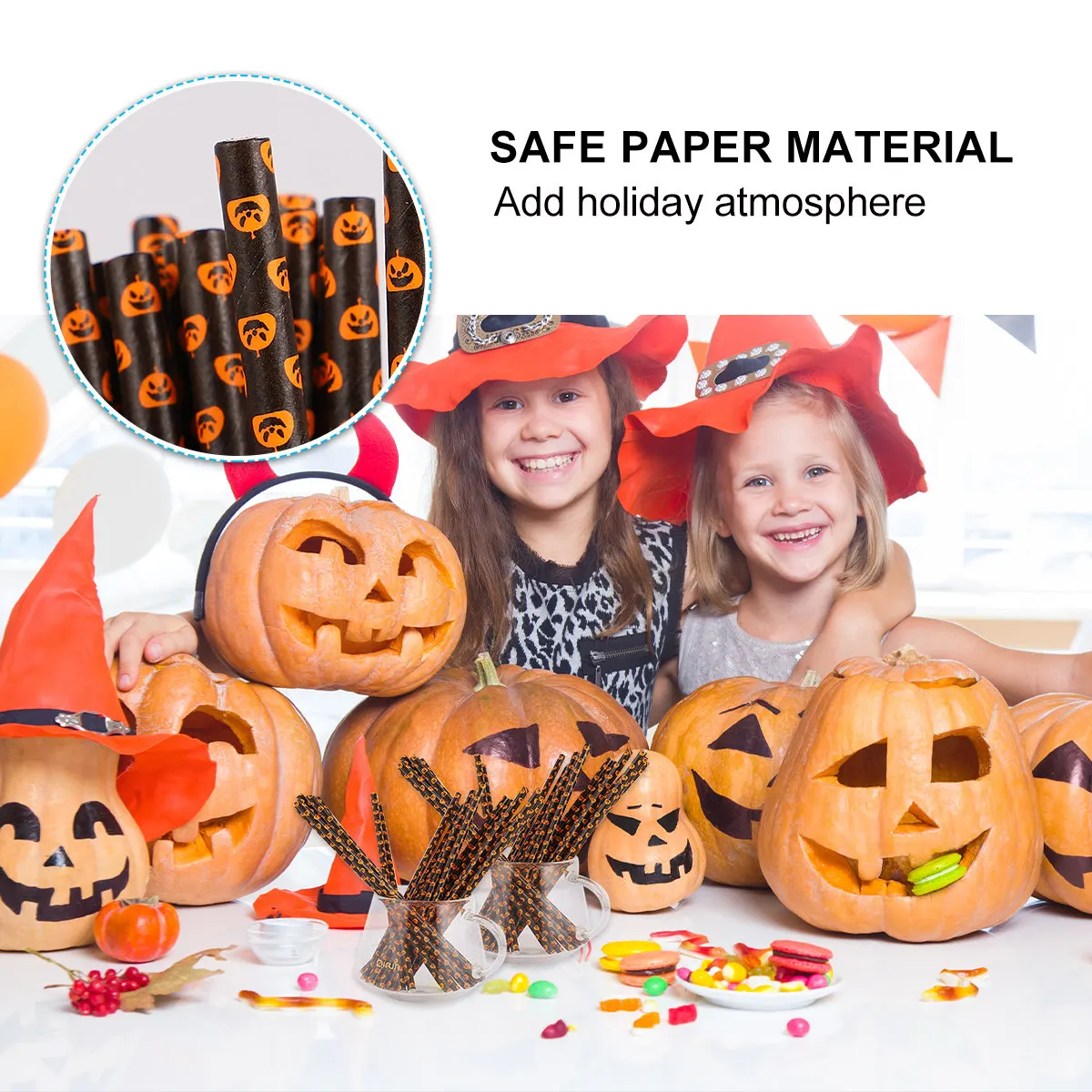 125Pcs Halloween Party Paper Straws Pumpkin Pattern Degradable Paper Drinking Straws for Parties Gatherings Drinking Straw