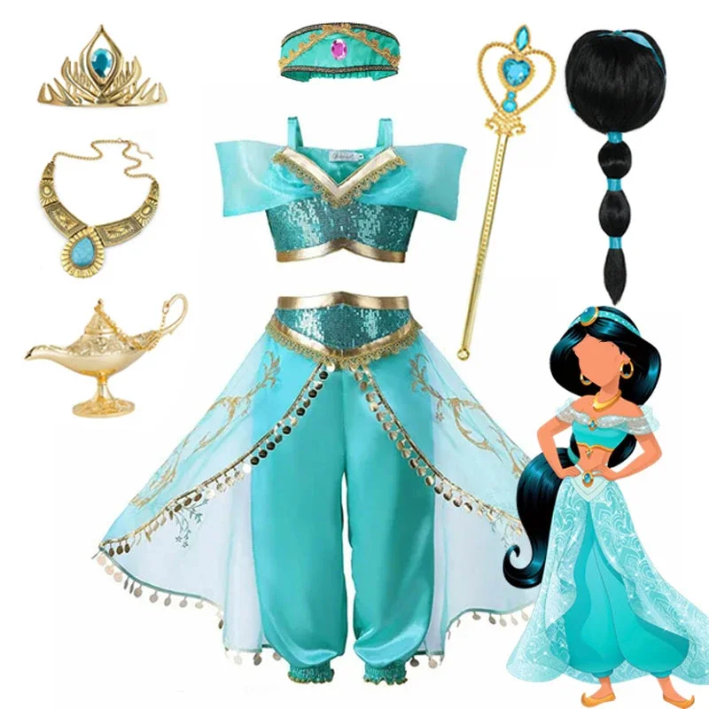 Girls Cosplay Jasmine Costume Aladdin Princess Dress Kids Magic Lamp Fancy Birthday Party Dress Jasmine Halloween Dress Up 3-10Y