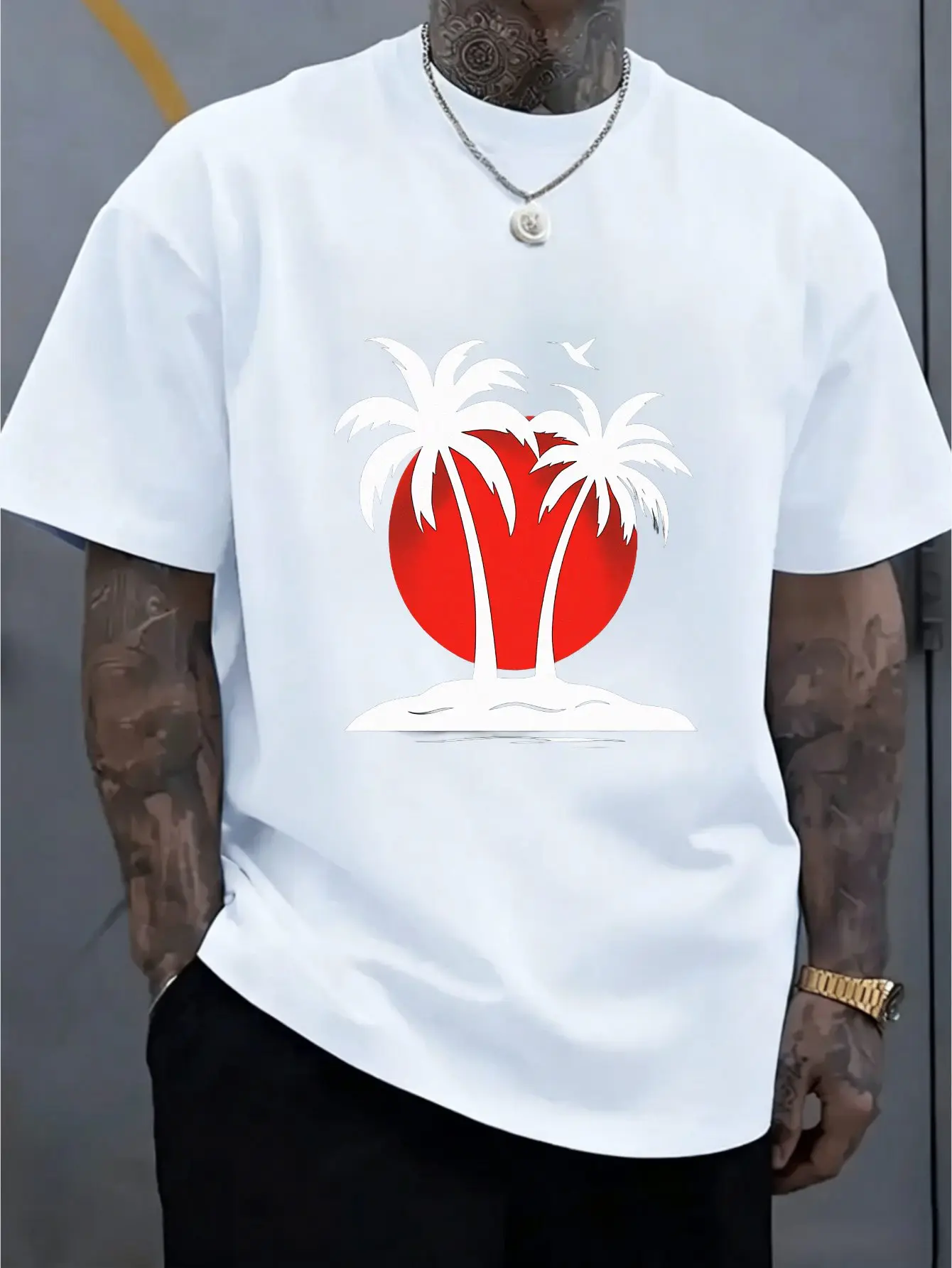 Men Tropical Palm Tree Sunset Print Tee Cotton Loose Short Sleeve Beach Vacation Casual Top Male Summer Daily Street Outfit