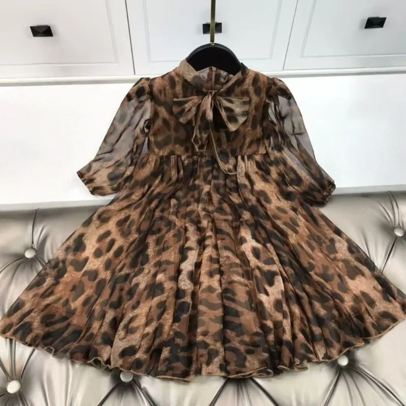 

New Children's Spring and Autumn Long-sleeved Chiffon Dress Girls Bow Leopard Print Swing Dress Princess Wedding Quality Dress