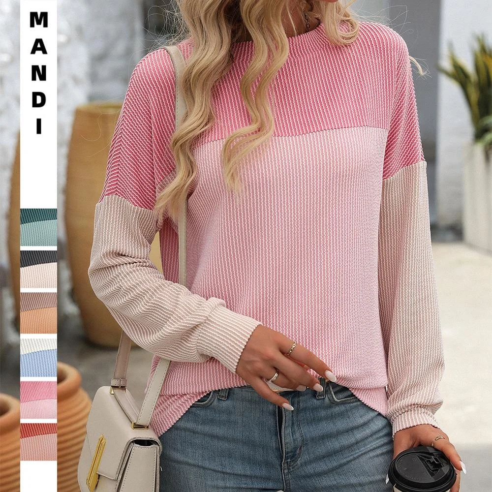 المرأة الملتوية شريط اللون بلو طويل Sve تي شيرت فضفاض صالح البوليستر رداء علوي غير رسمي للصيف Faion السيدات المحملة #1