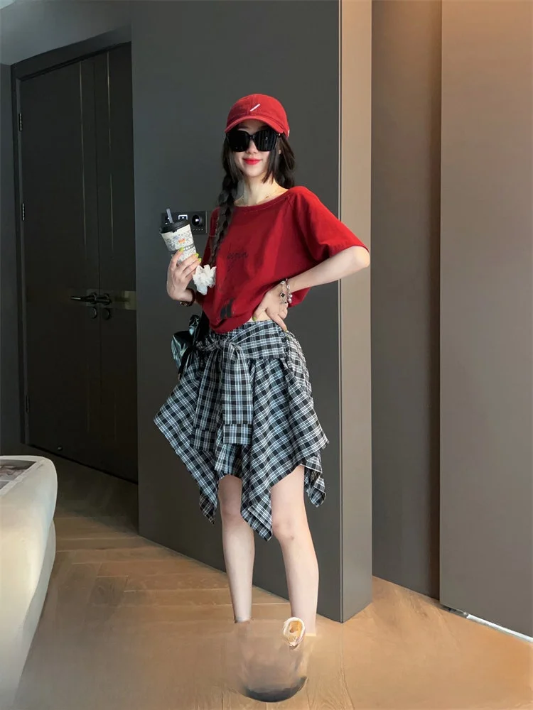 

Ретро-юбка миди с высокой талией для женщин, лето 2025, утягивающая, модная, для повседневной носки, с асимметричным клетчатым узором