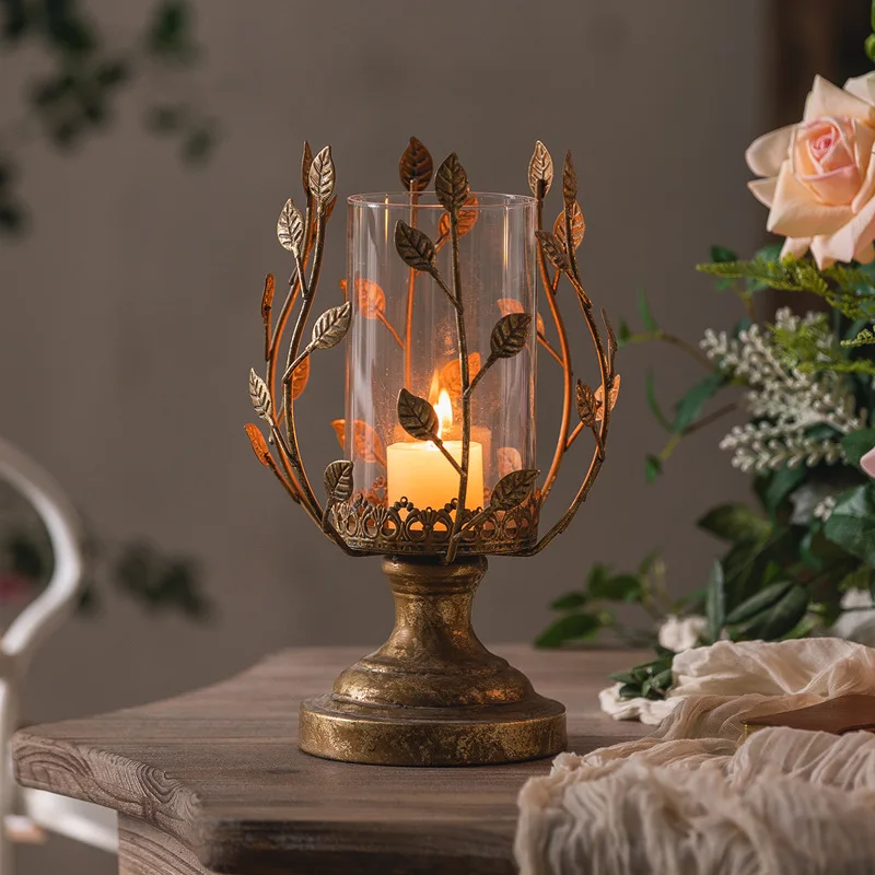 Retro wrought iron candlestick lantern homestay decoration desktop candlestick glass windproof decoration ornament
