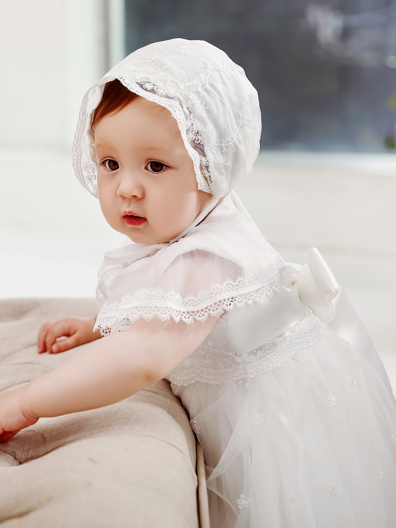 Lace Baby Girl Formal Floral Wedding Bow Luxury Dress Gown Birthday Embroidered New Design Christening with Bonnet Outfits