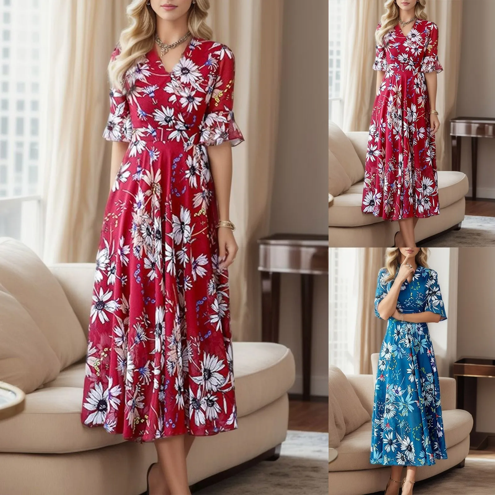 

Women Floral Dress Half Sleeves Elegant Holiday Dress Ruffles Female Casual O-Neck Beach A Line Dress Party Vestdos Clothing