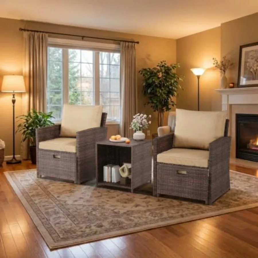 

Комплект садовой мебели из 5 предметов: кресла из искусственного ротанга с мягкими подушками, всепогодная мебель для балкона с оттоманкой и кофейным столиком