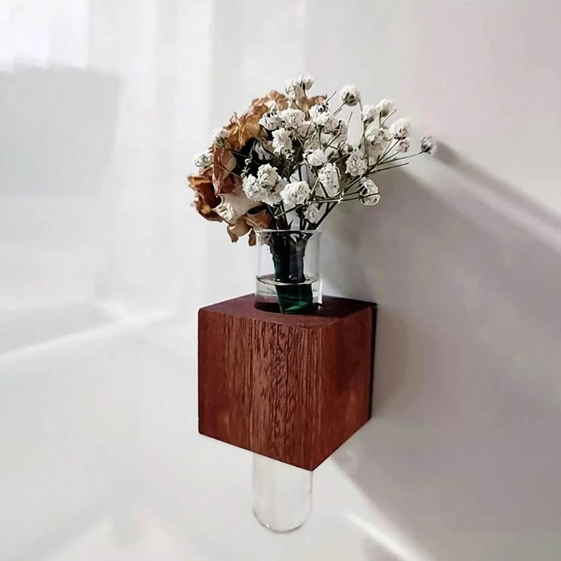 Refrigerator Magnet Glass Test Tube Flower Vase Pot Fridge Magnet Wooden Hydroponic Arrange Flowers Vases Home Decor