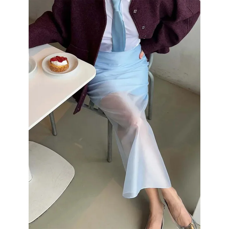 BKQU Elegant Mesh Patchwork Skirts Women Fashion High Waist Casual Commuting Straight Long Skirt 2026 Summer Vacation Party Wear