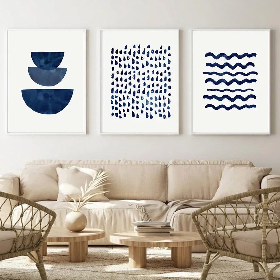 Frameless canvas paintings,Boho Blue Abstract Modern Wall Art Print Sun Geometric Line Leaves Canvas Painting Nordic Posters Dec