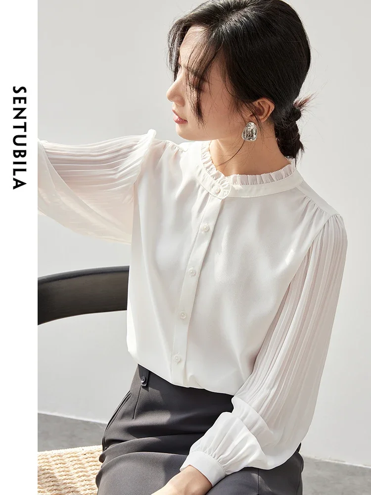 SENTUBILA Elegant Texture White Shirt Women 2024 Autumn Chiffon Loose Folds Long Sleeve Round Collar Simple Blouse 143C56665