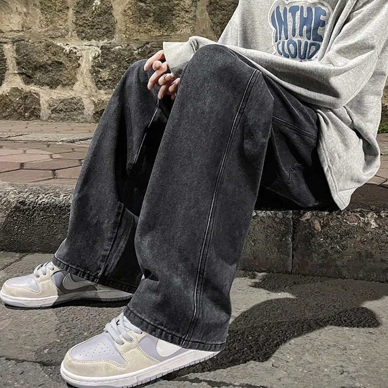 Męskie jeansy 2025 wersja koreańska studenckie spodnie codzienne High Street proste luźne szerokie nogawki czarne szare niebieskie baggy jeansy