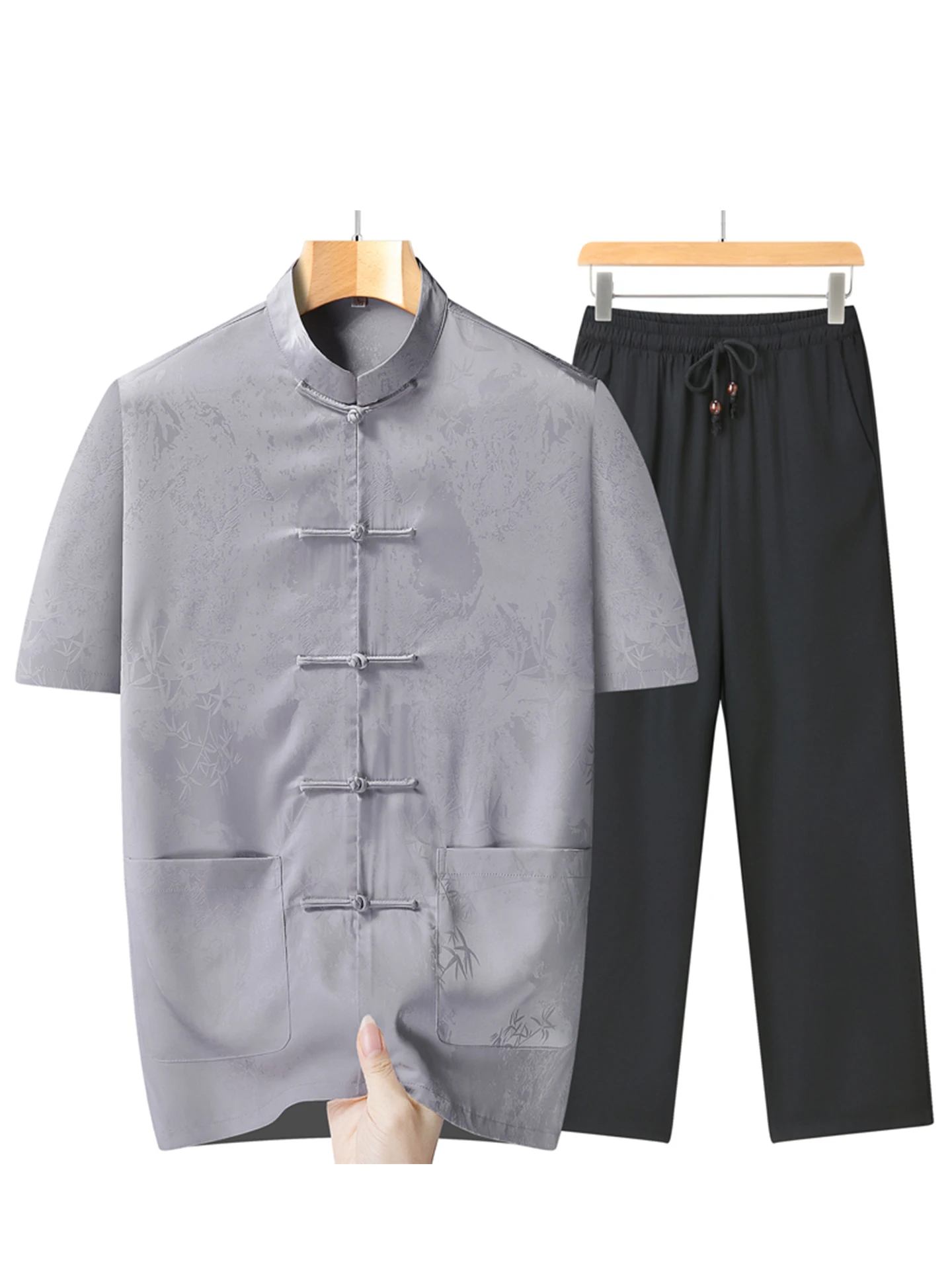 Conjunto Masculino de Seda Manga Curta Estilo Chinês Casual Camisa e Calça de Verão para Pai e Avô Marca TUCANO Roupa Masculina para Homens de Meia-Idade