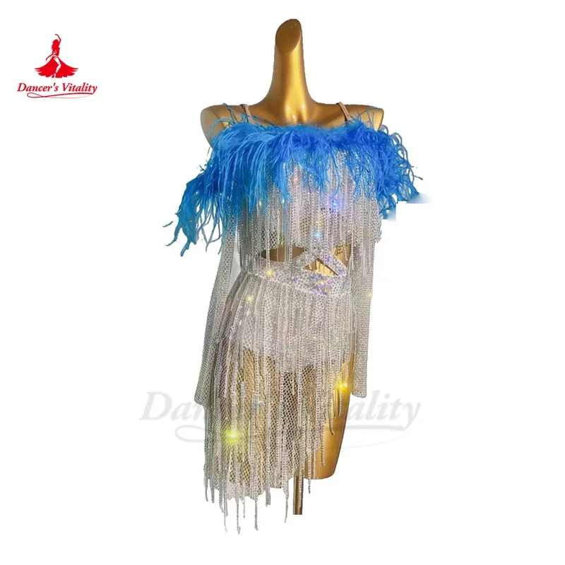 Latin Dance Competiton Dress for Women Customsized AB Stones Mesh Feather Performance Dress Adult Children Chacha Latin Dresses