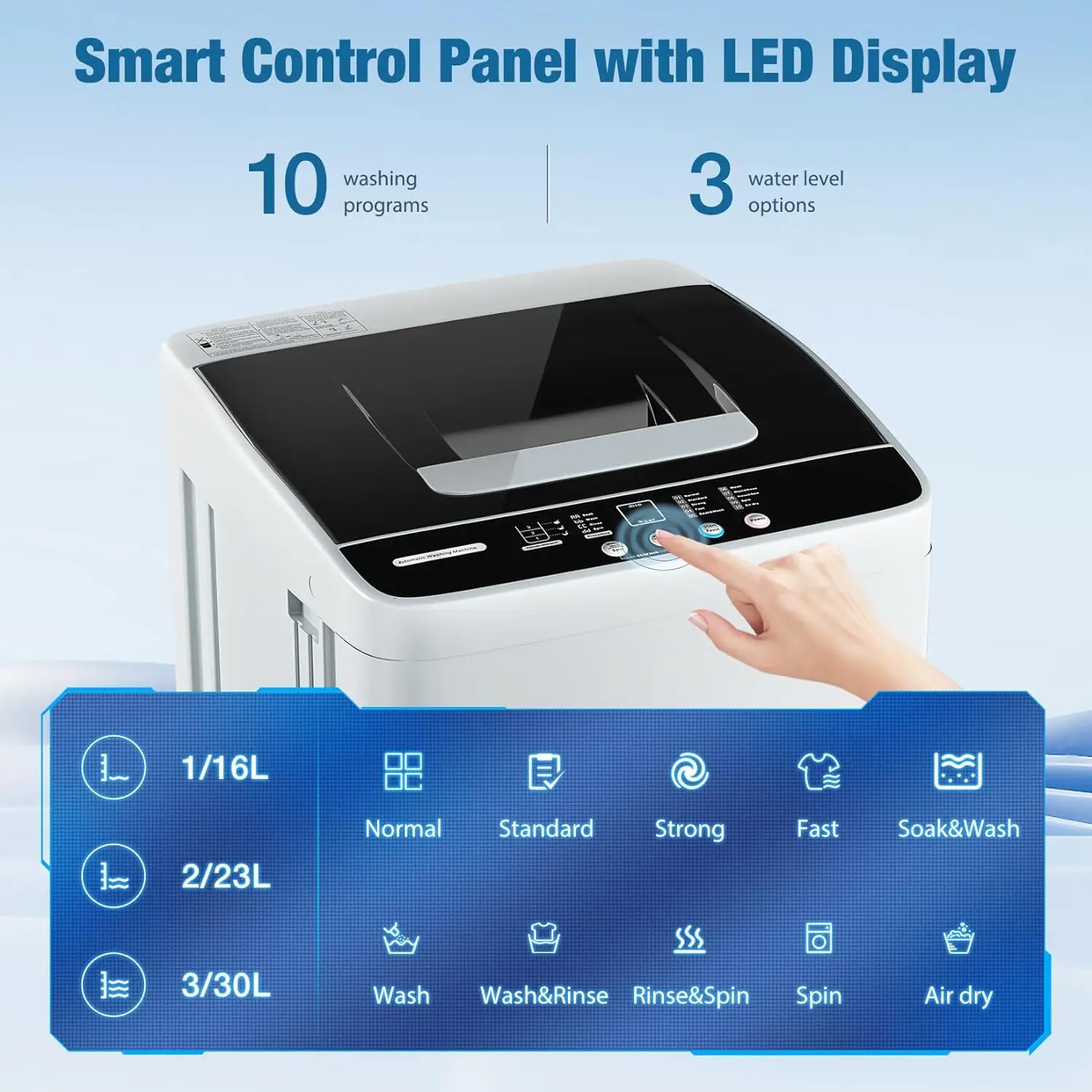 Lavadora automática completa, lavadora compacta de 0,95 pies cúbicos, 10 programas, 3 niveles de agua con pantalla LED y bloqueo para niños