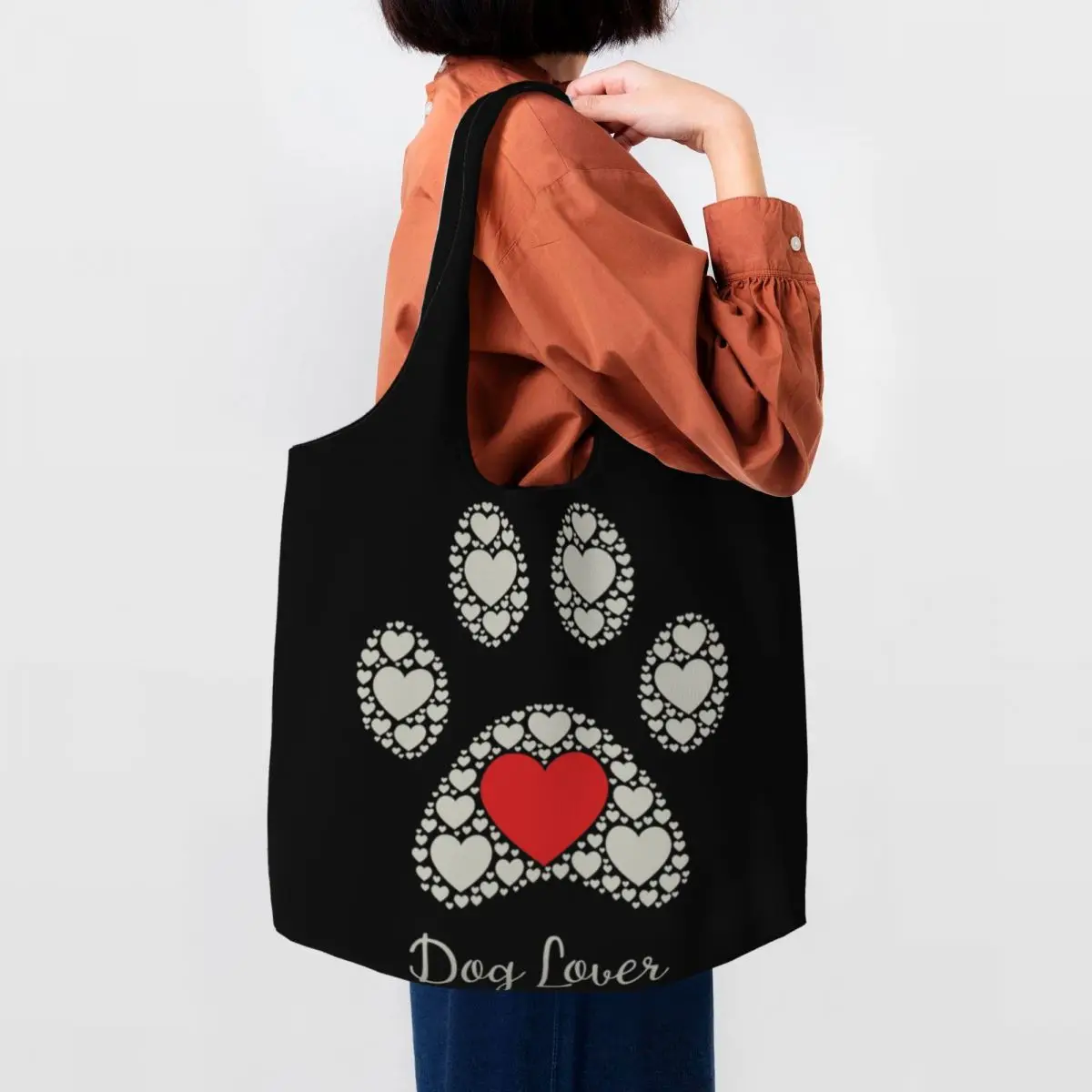 Bolso de mano con estampado de perro, bolsa de hombro de lona portátil con estampado de pata y corazón, ideal para fotografía, regalo