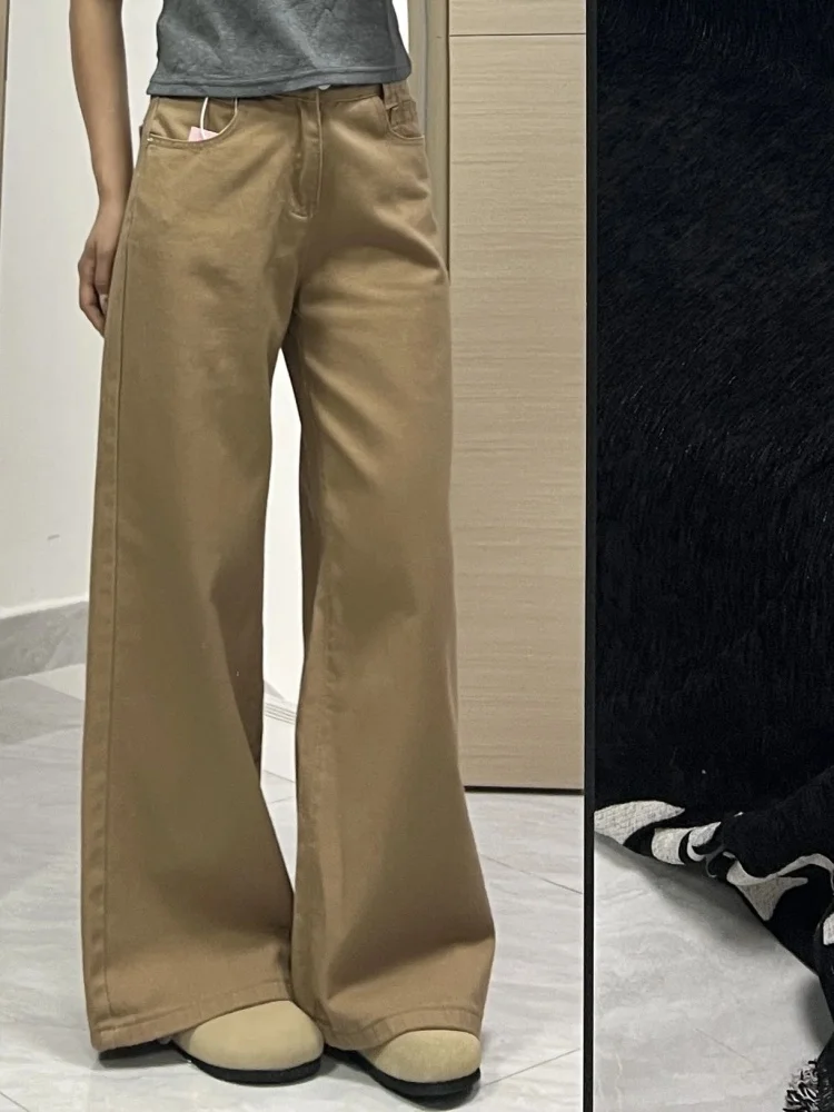 Low Waist American Retro Khaki Denim Jeans Women's Loose Floor-Length Not Tight Legs Flared Pants plus Size Comfortable Breat...