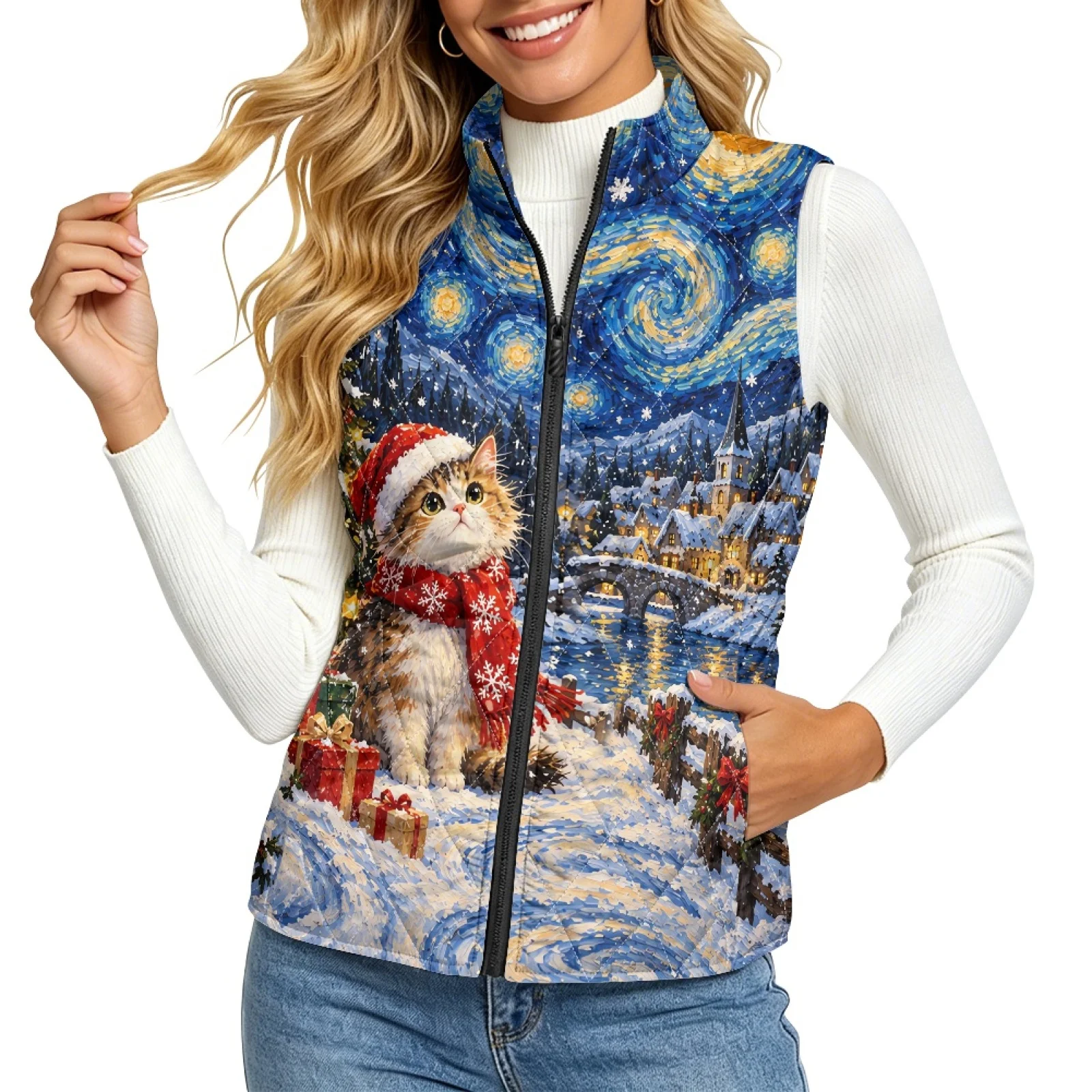 PENSTROLL Christmas Cat Art Women's Quilted Vest Golf Vest Women Sleeveless Lightweight Quilted Jacket Vest for Women