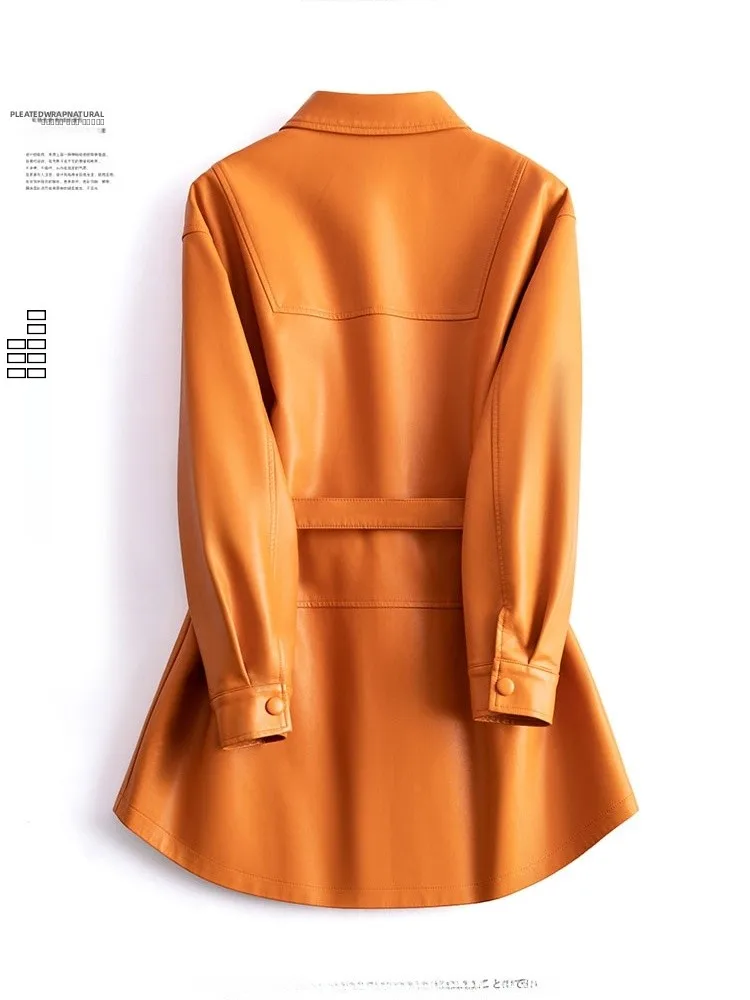 ファッショナブルなシープスキンレザージャケット女性のミッドレングス韓国スレルーズプラスサイズトレンディなウインドブレーカーコート春秋