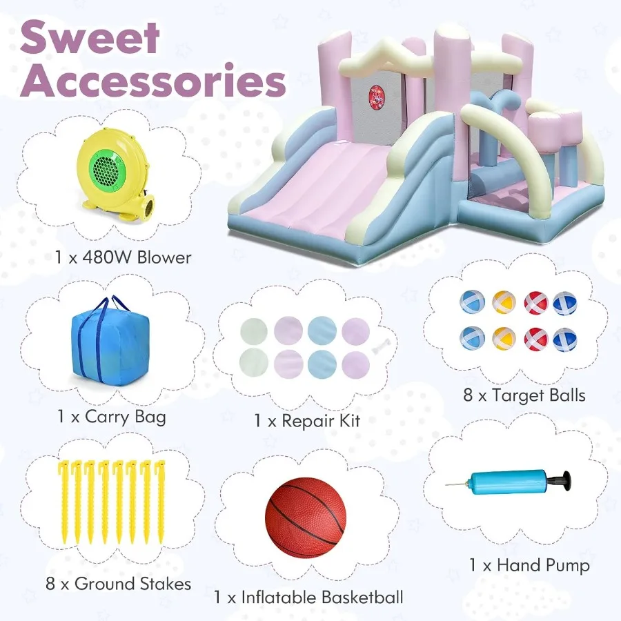 Casa de salto inflável, castelo inflável de salto com escorregador, aro de basquete, jogo de boxe e dardo, hou inflável inflável interno e externo