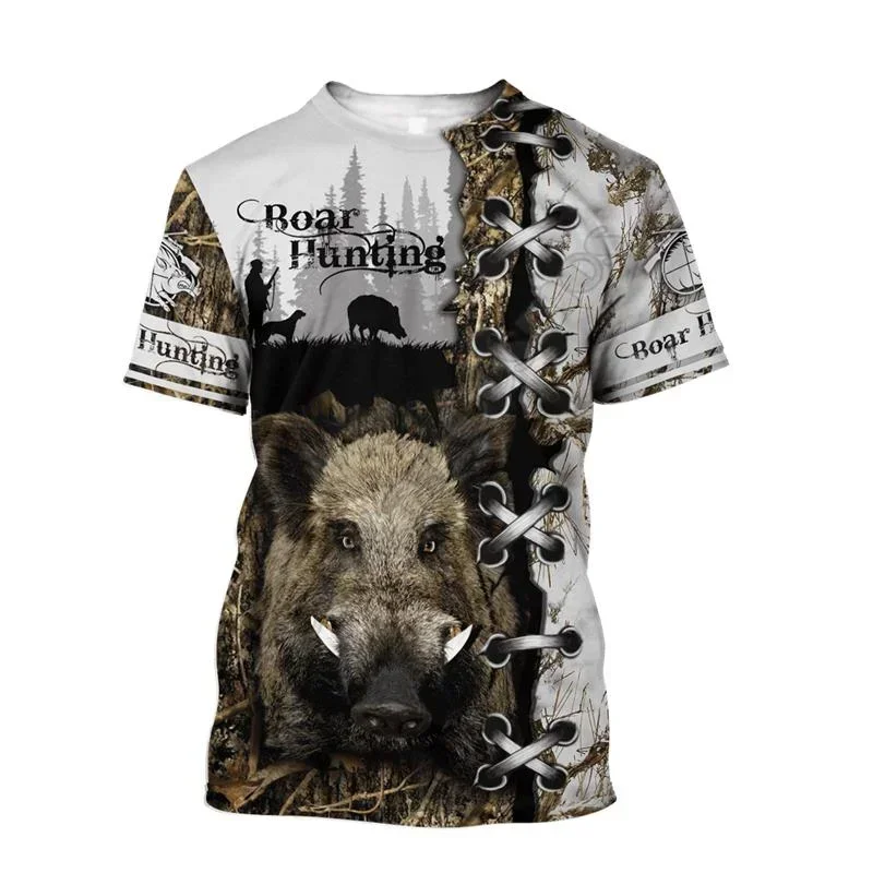 Wild Boar 3D printed T-shirt Men\'s short sleeve o collar Outdoor hunter Animal loose dry Breathable personality clothing