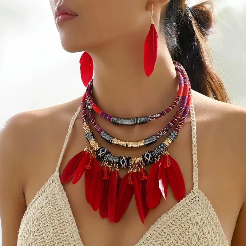 Fashion Bohemian Ethnic Feather Crystal Mixed Choker Necklace Earrings Set For Women Multilayer Nekclaces Earrings Jewellry Sets