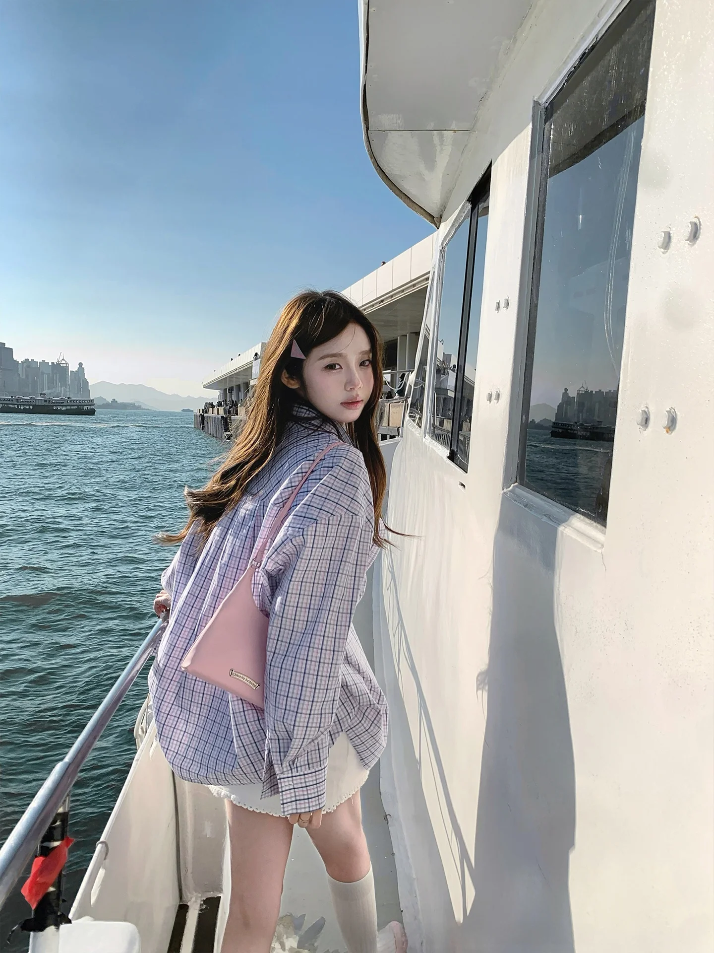 

Morning Pink Blue White Plaid Embroidered irt Women's Sle Loose Fit Casual Faion Polyester Fiber Long Sve irt