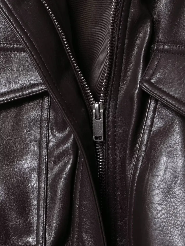 سترة نسائية قصيرة من الجلد الصناعي بأكمام طويلة وياقة عالية، بلوزة أنيقة مع جيوب بغطاء قلاب، ملابس خارجية نسائية #6