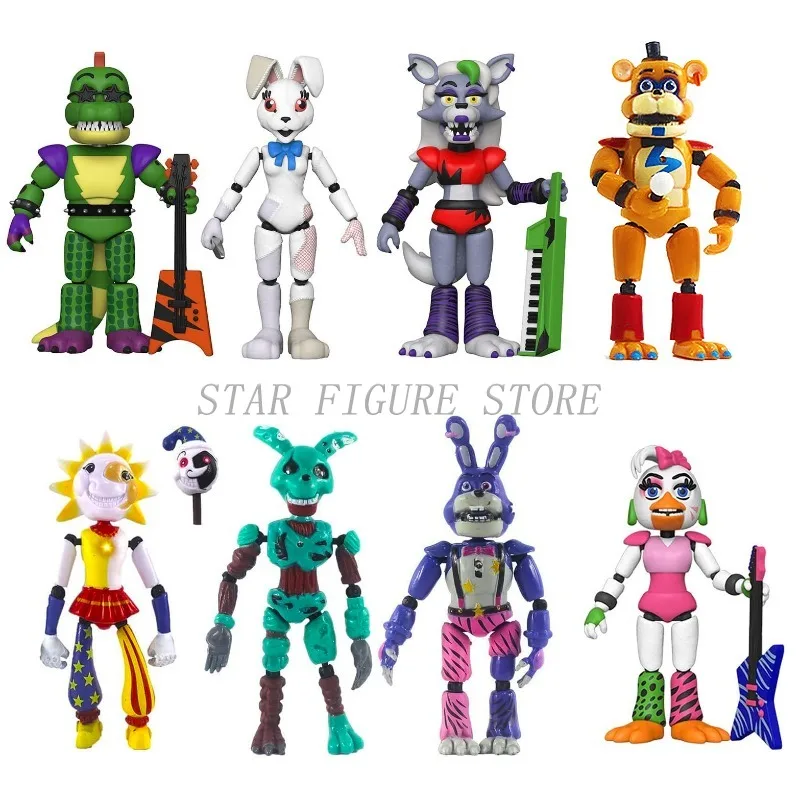 

FNAF Foxy Bonnie Chica Action Figure Sundrop Moondrop Collection PVC Mangle Gator Roxanne Wolf Vanny Luminous Figurine Model Toy