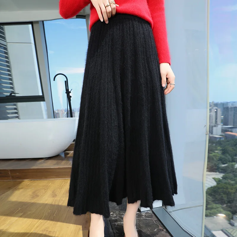 2024 Autumn/Winter New Fashionable Half length Skirt Women, High Waist pleated Skirt Knee length mink cashmere Large Swing Skirt