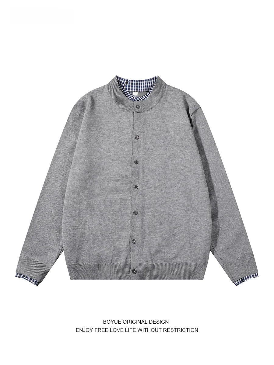 

BOYUE College Sle Simple Faion Plaid Patchwork Retro Layering Men's Women's Knitted Sweater Fake Two-Piece Casual Knitwear