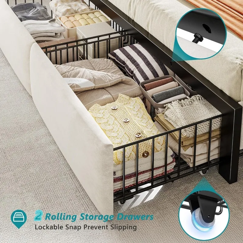 Estructura de cama tamaño King con 2 cajones de almacenamiento y cabecera, estructura de cama con plataforma de terciopelo con luces LED y estación de carga