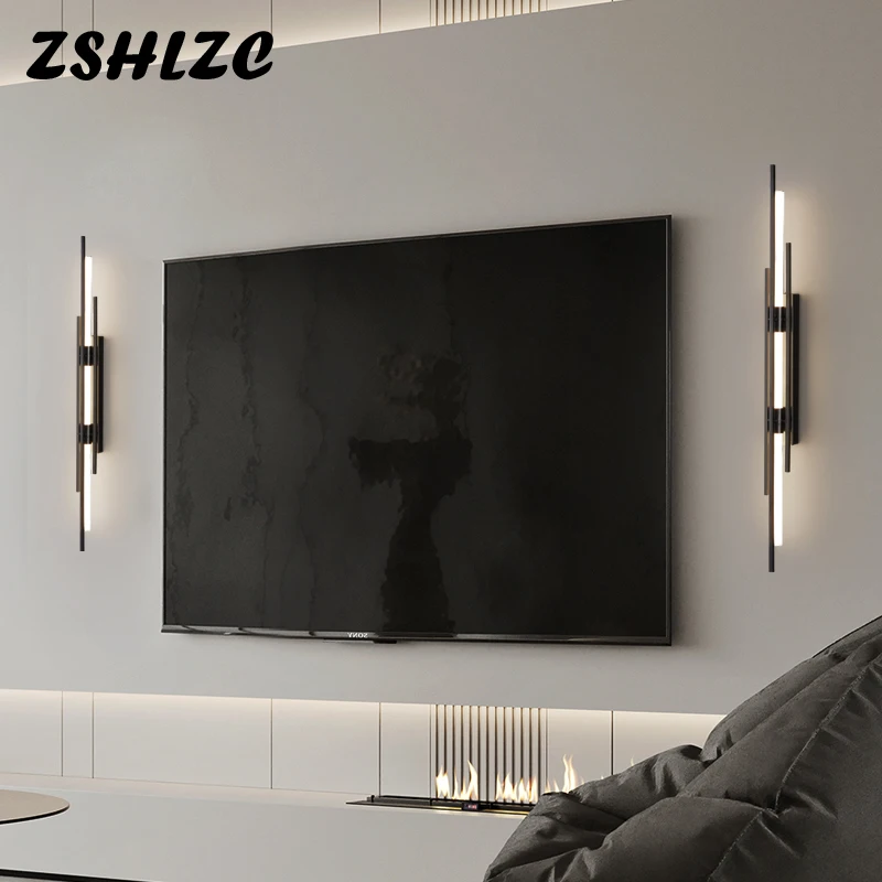 

Black Gold LED Wall Lights Modern Full Coppe Long Strip Indoor Decor Background Wall Lamps For Living Room Bedroom Stairs Aisle