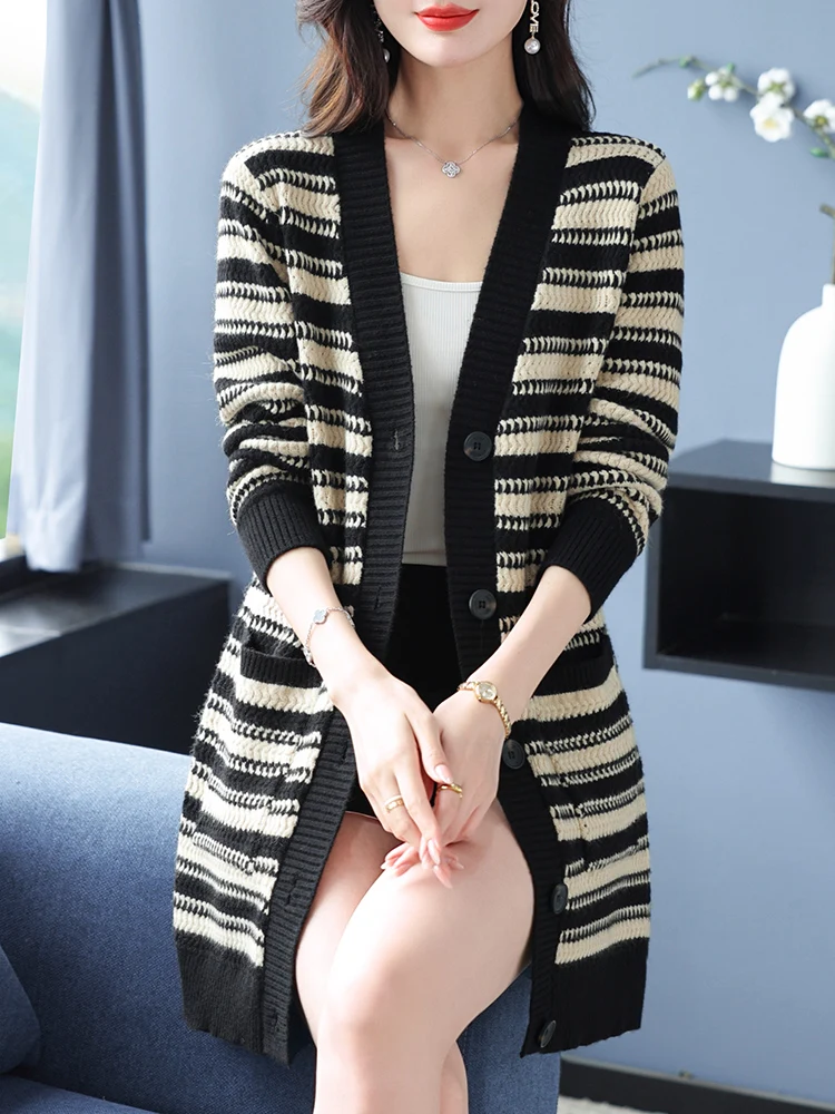 Stripe Cardigans Sweaters Women  Autumn Spring Long Sleeve Knitted Coat Harajuku Single-breasted Sweater Cardigan