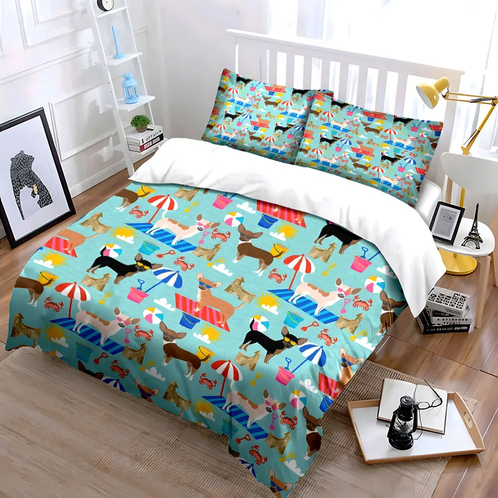 Beach Theme Chihuahua Decor Set Soft Skin-Friendly Bedding Set Includes 1 Duvet Cover And 2 Pillowcase, Gift