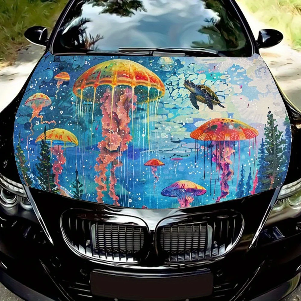 Marine Jellyfish Car Hood Sticker PVC Self Waterproof Stick, Striking Auto Exterior Accessories Decor Protect Gift for Car Lover
