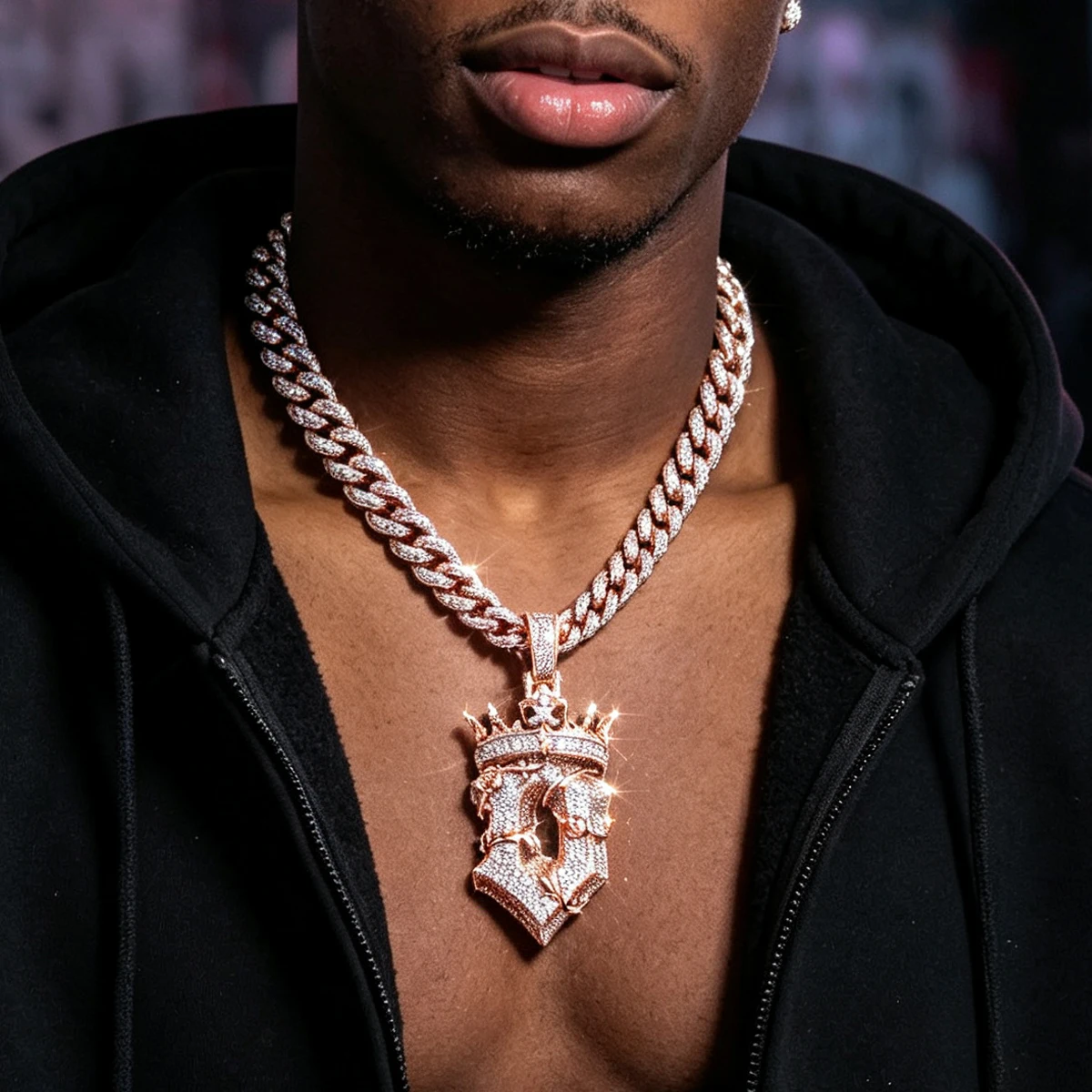 18K Gold Plated Hip Hop Charm Rose And Thorn Detail Design Regal King Crown Symbolize Bloom In Adversity Spirit Perfect For Men Women Shiny Cubic Zirconia Fine Jewelry Gifts for Men Boy Friends Iced Out Crown Rose Thorn Shield Pendant Necklace Accessories
