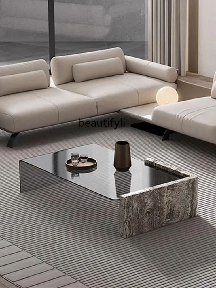 

Light luxury natural marble silver gray travertine bent gray brown glass rectangular strip coffee table5236