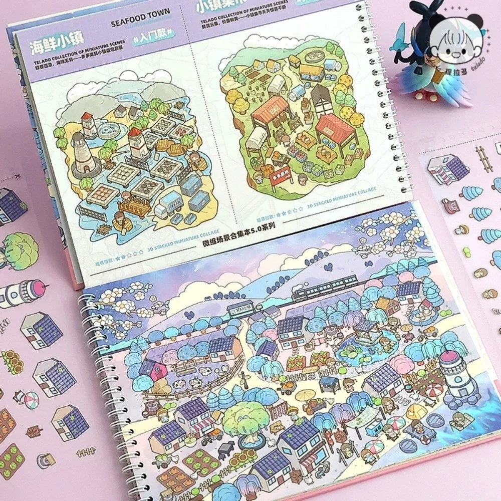 Cute 3D Scenery Stickers Large Size 12 Scenes 20 Sheets Miniature Scene Sticker Horizontal PET Stacking Sticker Book