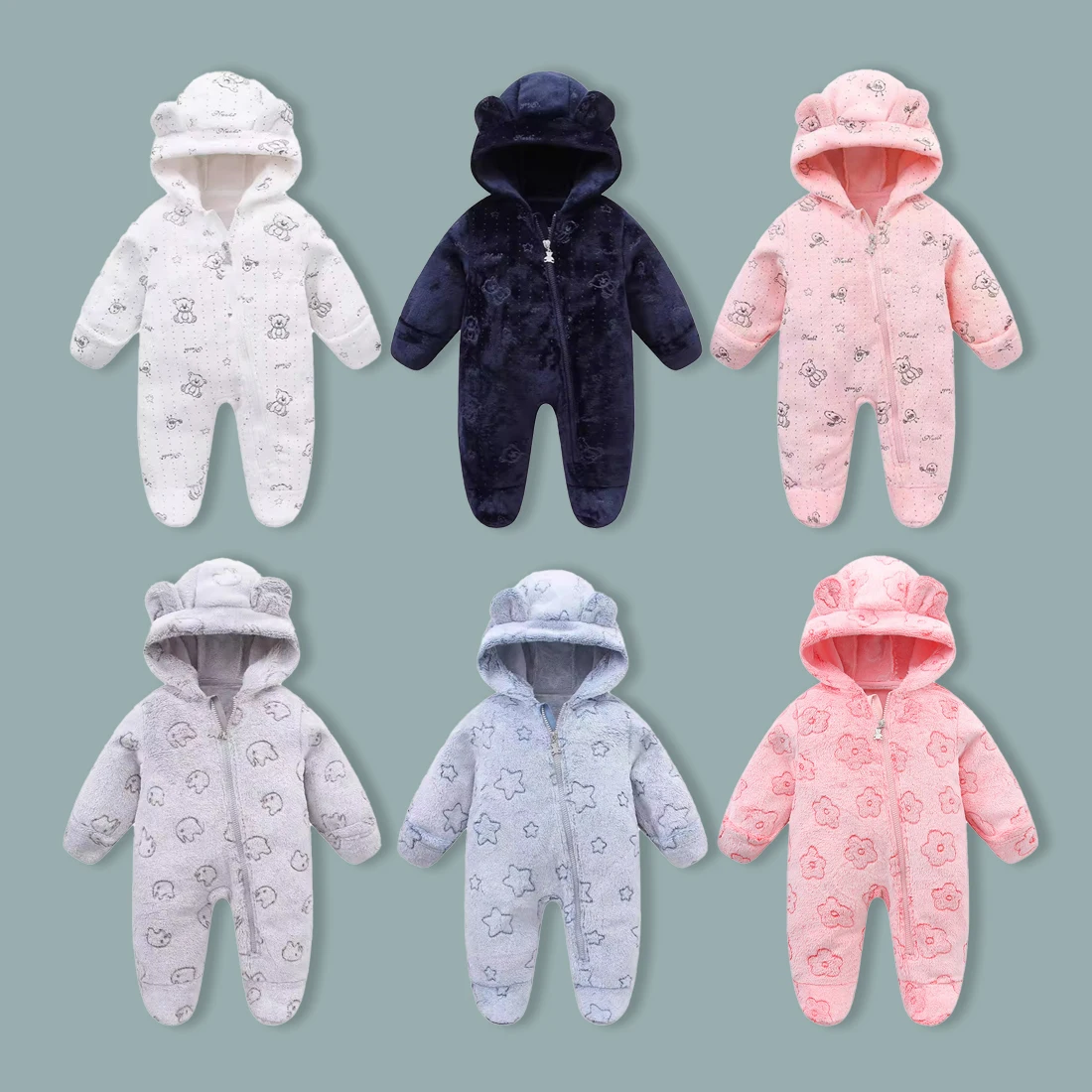 AYNIGIELL Newborn Baby Girl Hooded Jumpsuit Cartoon Cotton Baby Boy Crawling Suit Warm Baby Clothing for Autumn and Winter