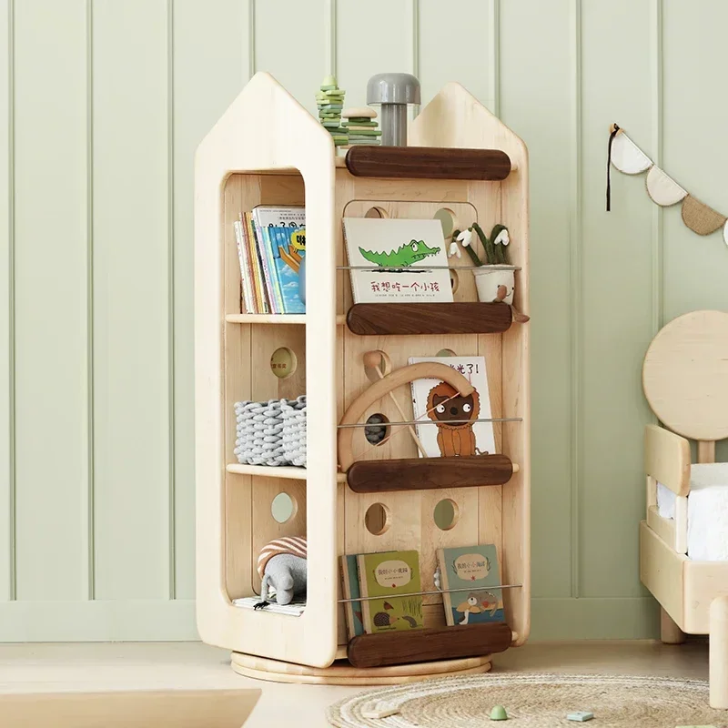 k182GY Cheese Castle Rotating Bookshelf Solid Wood 360-Degree Multi-Layer Bookcase Nordic Children's Picture Book Rack