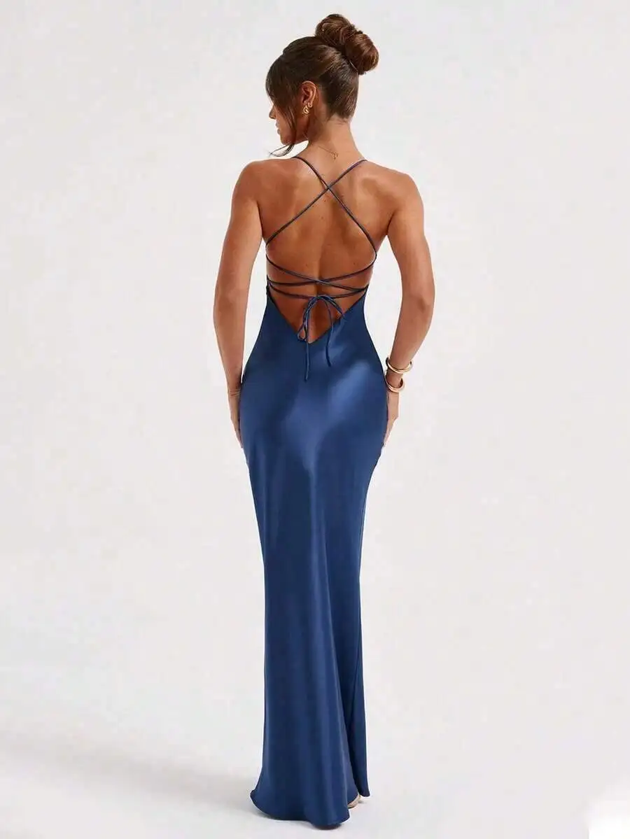 

Womens Satin Crisscross Back Tie Up Bodycon Cocktail Dress For Wedding Party