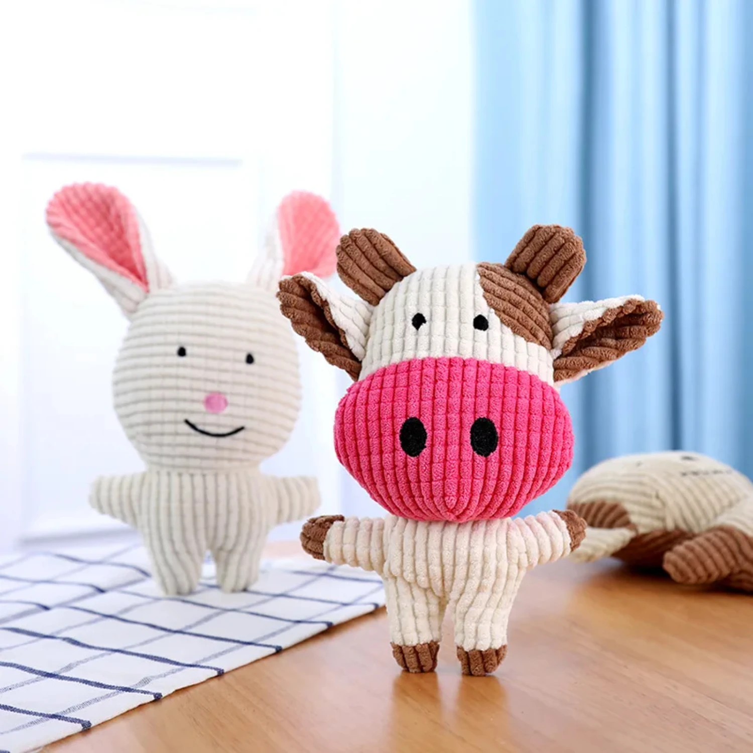 Cute Plush Toys Squeak Pet Cow Rabbit Animal Plush Toy Dog Chew Squeaky Whistling Involved Squirrel Dog Toys Dog clothes Cat toy