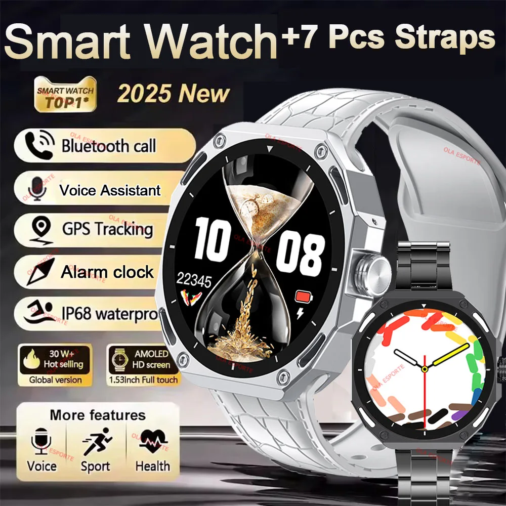 +7pcs Straps Smart Watch 1.52'' AMOLED Screen 3D Menu Heart Rate 5 ATM Waterproof GPS Phone Calls Smartwatch Man Women New Ht30