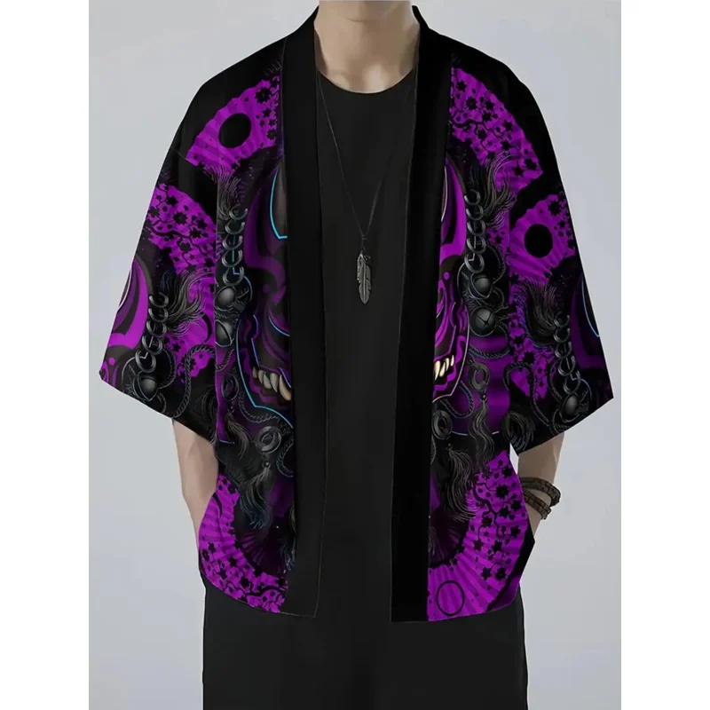 Летний кардиган со змеиным принтом демона, мужской китайский дракон с узором, японское кимоно больших размеров, традиционный азиатский костюм, пальто для косплея